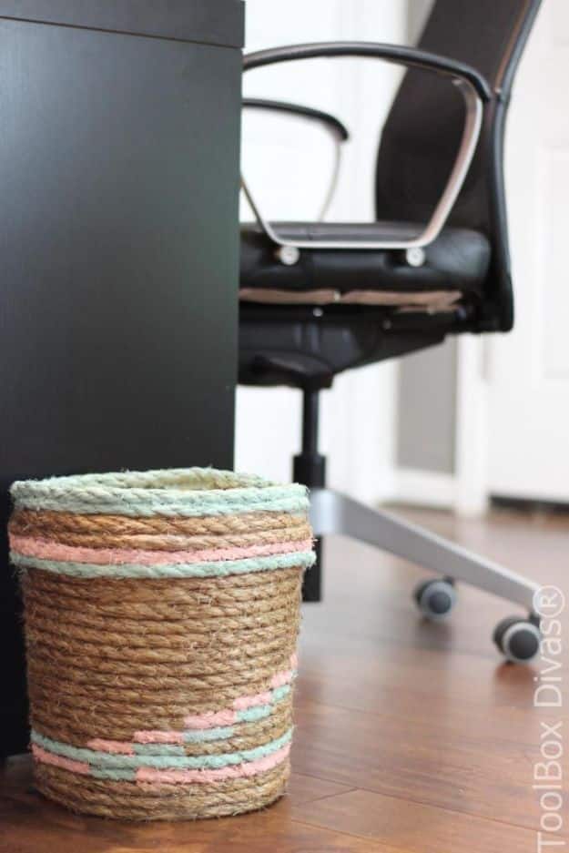 DIY Trash Cans - DIY Rope Trash Can - Easy Do It Yourself Projects to Make Cute, Decorative Trash Cans for Bathroom, Kitchen and Bedroom - Trash Can Makeover, Hidden Kitchen Storage With Pull Out Cabinet - Lids, Liners and Painted Decor Ideas for Updating the Bin #diykitchen #diybath #trashcans #diy #diyideas #diyjoy http://diyjoy.com/diy-trash-cans