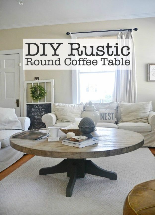 DIY Coffee Tables - DIY Round Coffee Table - Easy Do It Yourself Furniture Ideas for The Living Room Table - Cool Projects for Making a Coffee Table With Crates, Boxes, Stone, Industrial Pipe, Tile, Pallets, Old Doors, Windows and Repurposed Wood Planks - Rustic Farmhouse Home Decor, Modern Decorating Ideas, Simply Shabby Chic and All White Looks for Minimalist Interiors http://diyjoy.com/diy-coffee-table-ideas