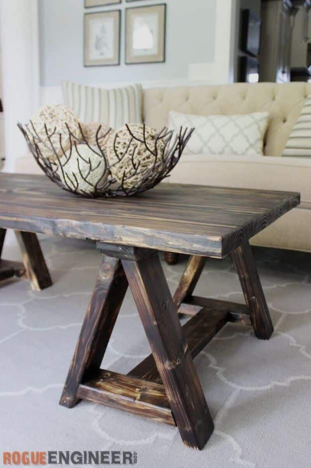 DIY Coffee Tables - DIY Sawhorse Coffee Table - Easy Do It Yourself Furniture Ideas for The Living Room Table - Cool Projects for Making a Coffee Table With Crates, Boxes, Stone, Industrial Pipe, Tile, Pallets, Old Doors, Windows and Repurposed Wood Planks - Rustic Farmhouse Home Decor, Modern Decorating Ideas, Simply Shabby Chic and All White Looks for Minimalist Interiors http://diyjoy.com/diy-coffee-table-ideas