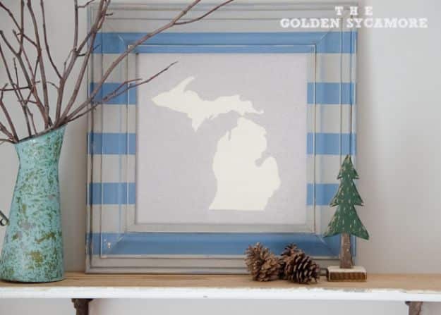 Cool State Crafts - DIY State Map Art And Striped Frame - Easy Craft Projects To Show Your Love For Your Home State - Best DIY Ideas Using Maps, String Art Shaped Like States, Quotes, Sayings and Wall Art Ideas, Painted Canvases, Cute Pillows, Fun Gifts and DIY Decor Made Simple - Creative Decorating Ideas for Living Room, Kitchen, Bedroom, Bath and Porch http://diyjoy.com/cool-state-crafts