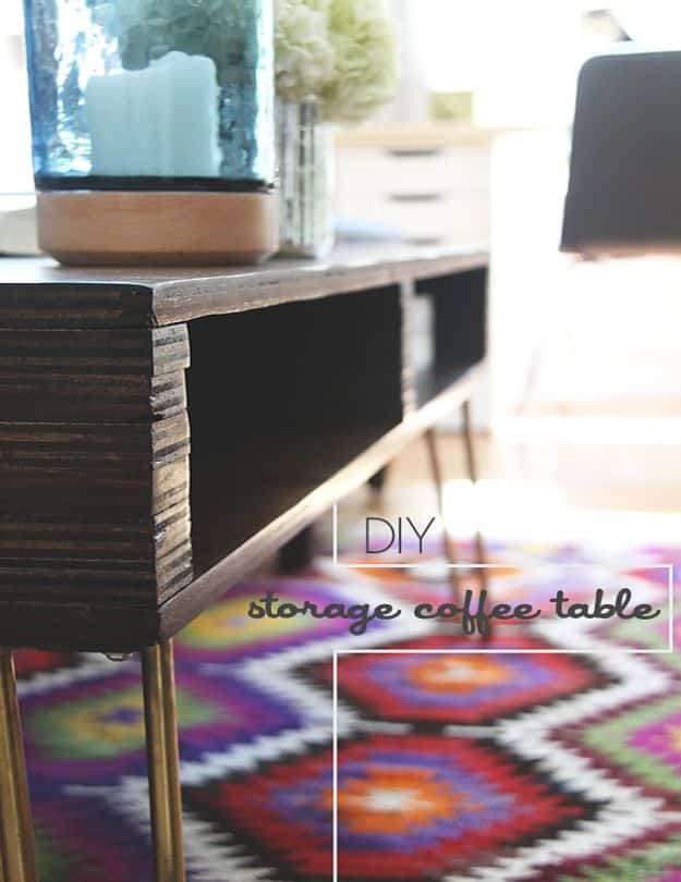 DIY Coffee Tables - DIY Storage Coffee Table - Easy Do It Yourself Furniture Ideas for The Living Room Table - Cool Projects for Making a Coffee Table With Crates, Boxes, Stone, Industrial Pipe, Tile, Pallets, Old Doors, Windows and Repurposed Wood Planks - Rustic Farmhouse Home Decor, Modern Decorating Ideas, Simply Shabby Chic and All White Looks for Minimalist Interiors http://diyjoy.com/diy-coffee-table-ideas