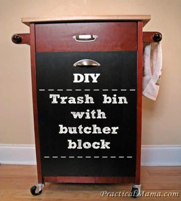 DIY Trash Cans - DIY Trash Bin With Butcher Block - Easy Do It Yourself Projects to Make Cute, Decorative Trash Cans for Bathroom, Kitchen and Bedroom - Trash Can Makeover, Hidden Kitchen Storage With Pull Out Cabinet - Lids, Liners and Painted Decor Ideas for Updating the Bin #diykitchen #diybath #trashcans #diy #diyideas #diyjoy http://diyjoy.com/diy-trash-cans