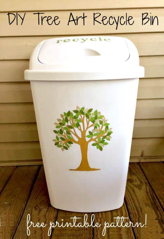 DIY Trash Cans - DIY Tree Art Recycling Bin Trash Can - Easy Do It Yourself Projects to Make Cute, Decorative Trash Cans for Bathroom, Kitchen and Bedroom - Trash Can Makeover, Hidden Kitchen Storage With Pull Out Cabinet - Lids, Liners and Painted Decor Ideas for Updating the Bin #diykitchen #diybath #trashcans #diy #diyideas #diyjoy http://diyjoy.com/diy-trash-cans