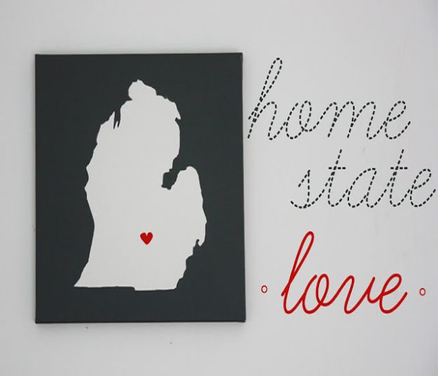 Cool State Crafts - DIY Wall Art Home State Love - Easy Craft Projects To Show Your Love For Your Home State - Best DIY Ideas Using Maps, String Art Shaped Like States, Quotes, Sayings and Wall Art Ideas, Painted Canvases, Cute Pillows, Fun Gifts and DIY Decor Made Simple - Creative Decorating Ideas for Living Room, Kitchen, Bedroom, Bath and Porch http://diyjoy.com/cool-state-crafts