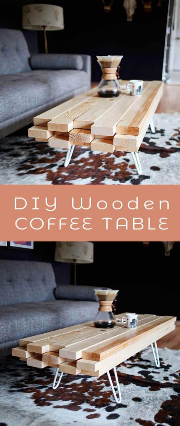 DIY Coffee Tables - DIY Wooden Coffee Table - Easy Do It Yourself Furniture Ideas for The Living Room Table - Cool Projects for Making a Coffee Table With Crates, Boxes, Stone, Industrial Pipe, Tile, Pallets, Old Doors, Windows and Repurposed Wood Planks - Rustic Farmhouse Home Decor, Modern Decorating Ideas, Simply Shabby Chic and All White Looks for Minimalist Interiors http://diyjoy.com/diy-coffee-table-ideas