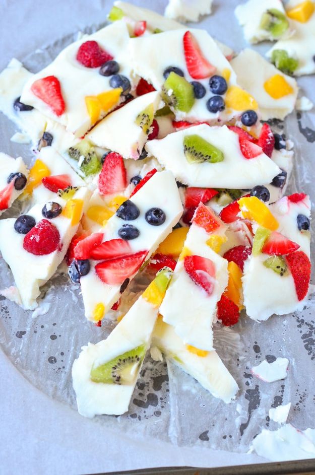 Best Summer Snacks and Snack Recipes - Frozen Yogurt Fruit Bark - Quick And Easy Snack Ideas for After Workout, School, Work - Mid Day Treats, Best Small Desserts, Simple and Fast Things To Make In Minutes - Healthy Snacking Foods Made With Vegetables, Cheese, Yogurt, Fruit and Gluten Free Options - Kids Love Making These Sweets, Popsicles, Drinks, Smoothies and Fun Foods - Refreshing and Cool Options for Eating Otuside on a Hot Day   #summer #snacks #snackrecipes #appetizers