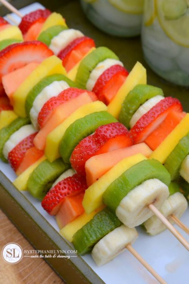 Best Summer Snacks and Snack Recipes - Fruit Kabobs - Quick And Easy Snack Ideas for After Workout, School, Work - Mid Day Treats, Best Small Desserts, Simple and Fast Things To Make In Minutes - Healthy Snacking Foods Made With Vegetables, Cheese, Yogurt, Fruit and Gluten Free Options - Kids Love Making These Sweets, Popsicles, Drinks, Smoothies and Fun Foods - Refreshing and Cool Options for Eating Otuside on a Hot Day   #summer #snacks #snackrecipes #appetizers