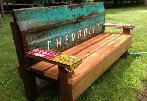 DIY Patio Furniture Ideas - Garden Bench With An Old Tailgate - Cheap Do It Yourself Porch and Easy Backyard Furniture, Rocking Chairs, Swings, Benches, Stools and Seating Tutorials - Dining Tables from Pallets, Cinder Blocks and Upcyle Ideas - Sectional Couch Plans With Cushions - Makeover Tips for Existing Furniture #diyideas #outdoors #diy #backyardideas #diyfurniture #patio #diyjoy http://diyjoy.com/diy-patio-furniture-ideas