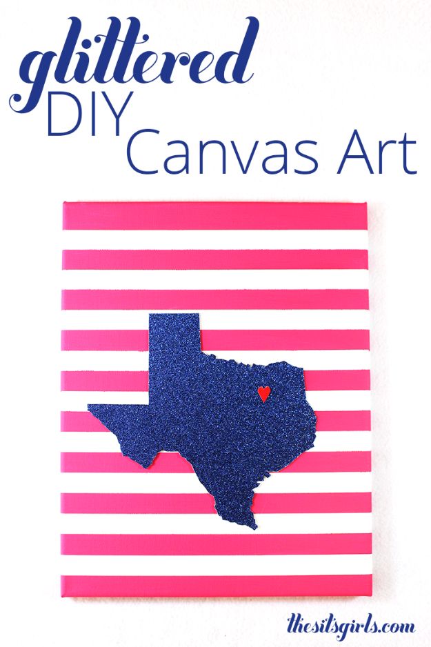 DIY Ideas For Everyone Who Loves Texas - Glitter DIY Canvas Art - Cute Lone Star State Crafts In The Shape of Texas - Best Texan Quotes, Sayings and Signs for Your Porch and Home - Easy Texas Themed Decorating Ideas - Country Crafts, Rustic Home Decor, String Art and Map Projects Shaped Like Texas - Decor for Living Room, Bedroom, Bathroom, Kitchen and Yard http://diyjoy.com/diy-ideas-Texas