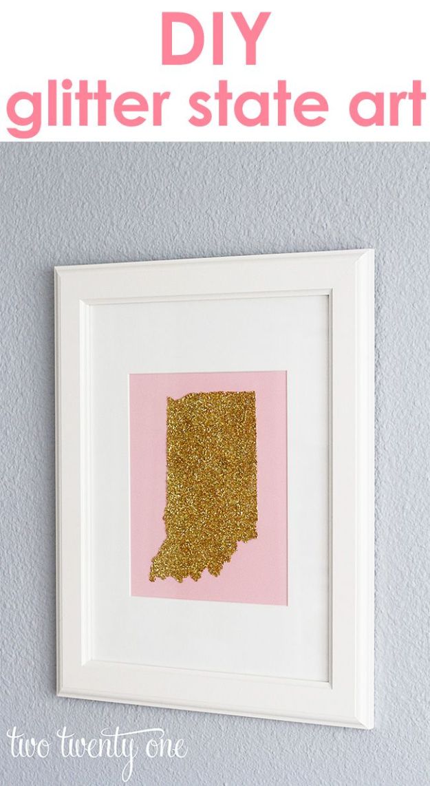 Cool State Crafts - Glitter State Art DIY - Easy Craft Projects To Show Your Love For Your Home State - Best DIY Ideas Using Maps, String Art Shaped Like States, Quotes, Sayings and Wall Art Ideas, Painted Canvases, Cute Pillows, Fun Gifts and DIY Decor Made Simple - Creative Decorating Ideas for Living Room, Kitchen, Bedroom, Bath and Porch http://diyjoy.com/cool-state-crafts