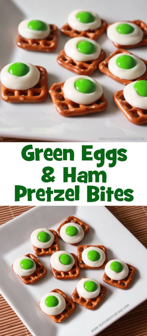 Best Recipes To Teach Your Kids To Cook - Green Eggs And Ham Pretzel Bites - Easy Ideas To Show Children How to Prepare Food - Kid Friendly Recipes That Boys and Girls Can Make Themselves - No Bake, 5 Minute Foods, Healthy Snacks, Salads, Dips, Roll Ups, Vegetables and Simple Desserts - Recipes To Learn How To Make Fun Food http://diyjoy.com/best-recipes-teach-kids-to-cook