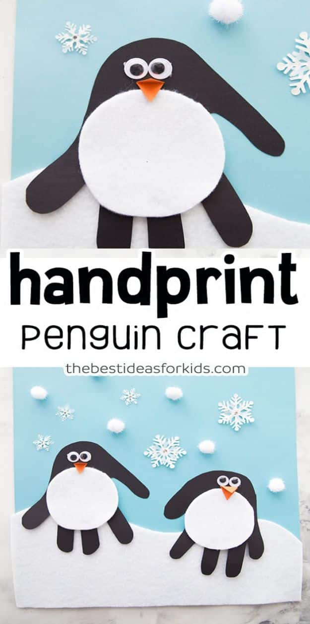 Crafts for Boys - Handprint Penguin Craft - Cute Crafts for Young Boys, Toddlers and School Children - Fun Paints to Make, Arts and Craft Ideas, Wall Art Projects, Colorful Alphabet and Glue Crafts, String Art, Painting Lessons, Cheap Project Tutorials and Inexpensive Things for Kids to Make at Home - Cute Room Decor and DIY Gifts to Make for Mom and Dad #diyideas #kidscrafts #craftsforboys