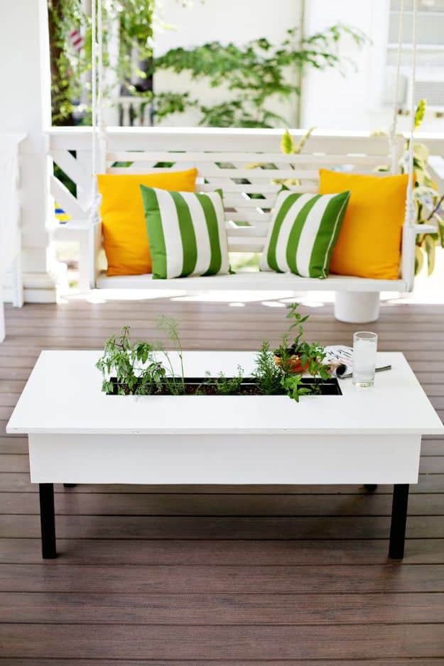 DIY Coffee Tables - Herb Garden Coffee Table - Easy Do It Yourself Furniture Ideas for The Living Room Table - Cool Projects for Making a Coffee Table With Crates, Boxes, Stone, Industrial Pipe, Tile, Pallets, Old Doors, Windows and Repurposed Wood Planks - Rustic Farmhouse Home Decor, Modern Decorating Ideas, Simply Shabby Chic and All White Looks for Minimalist Interiors http://diyjoy.com/diy-coffee-table-ideas