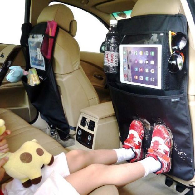 Car Organization Ideas - Ipad Holder Kick Mat Car Seat Organiser - DIY Tips and Tricks for Organizing Cars - Dollar Store Storage Projects for Mom, Kids and Teens - Keep Your Car, Truck or SUV Clean On A Road Trip With These solutions for interiors and Trunk, Front Seat - Do It Yourself Caddy and Easy, Cool Lifehacks #car #diycar #organizingideas