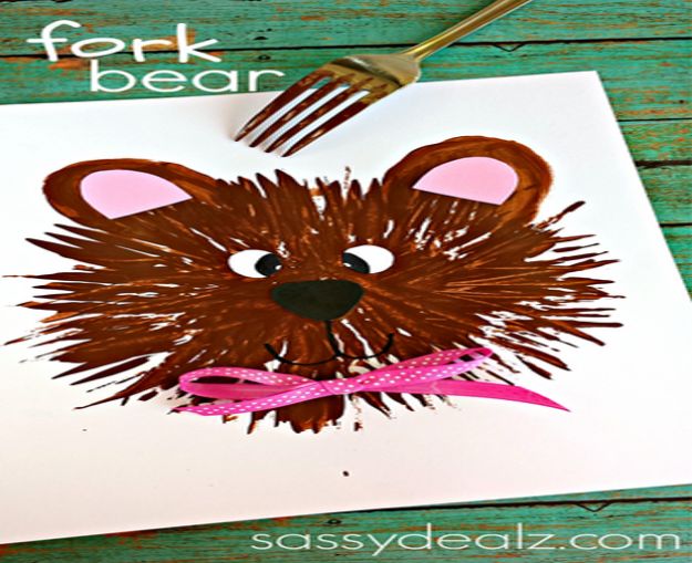 Crafts for Girls - Kids Bear Craft Using A Fork - Cute Crafts for Young Girls, Toddlers and School Children - Fun Paints to Make, Arts and Craft Ideas, Wall Art Projects, Colorful Alphabet and Glue Crafts, String Art, Painting Lessons, Cheap Project Tutorials and Inexpensive Things for Kids to Make at Home - Cute Room Decor and DIY Gifts #girlsgifts #girlscrafts #craftideas #girls