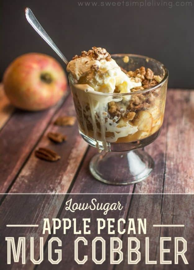 Low Sugar Dessert Recipes - Low Sugar Apple Pecan Mug Cobbler - Healthy Desserts and Ideas for Healthy Sweets Without Much Sugar - Raw Foods and Easy Clean Eating Dessert Tips, Keto Diet Snacks - Chocolate, Gluten Free, Cakes, Fruit Dips, No Bake, Stevia and Sweetener Options - Diabetic Diets and Diabetes Recipe Ideas for Desserts #recipes #recipeideas #lowsugar #nosugar #lowcalorie #diyjoy #dessertrecipes #lowsugar #dietrecipes