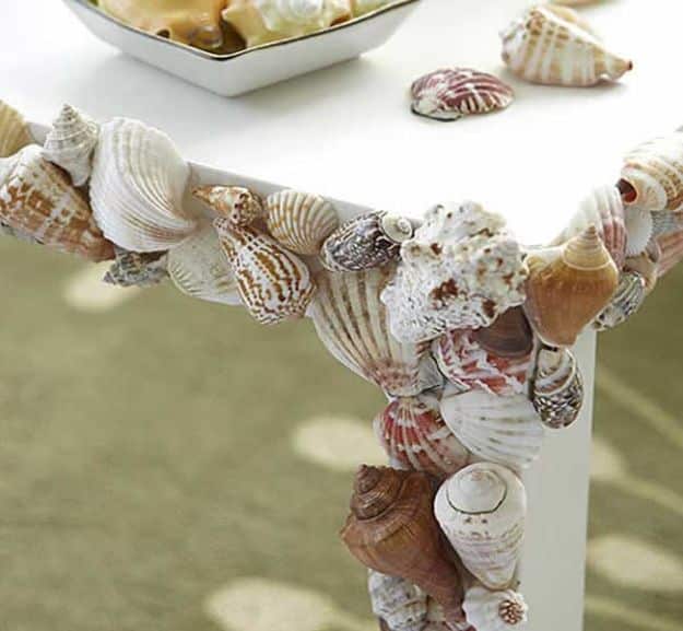 DIY Beach House Decor - Make A Seashell Table - Cool DIY Decor Ideas While On A Budget - Cool Ideas for Decorating Your Beach Home With Shells, Sand and Summer Wall Art - Crafts and Do It Yourself Projects With A Breezy, Blue, Summery Feel - White Decor and Shiplap, Birchwood Boats, Beachy Sea Glass Art Projects for Living Room, Bedroom and Kitchen 