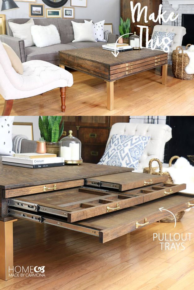 DIY Coffee Tables - Make This DIY Coffee Table With Pullouts - Easy Do It Yourself Furniture Ideas for The Living Room Table - Cool Projects for Making a Coffee Table With Crates, Boxes, Stone, Industrial Pipe, Tile, Pallets, Old Doors, Windows and Repurposed Wood Planks - Rustic Farmhouse Home Decor, Modern Decorating Ideas, Simply Shabby Chic and All White Looks for Minimalist Interiors http://diyjoy.com/diy-coffee-table-ideas