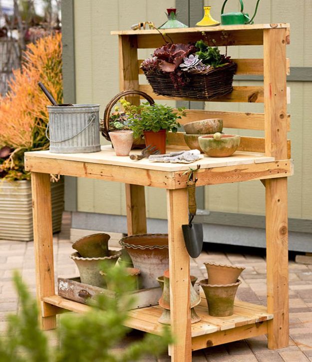 DIY Patio Furniture Ideas - Make Your Own Potting Bench - Cheap Do It Yourself Porch and Easy Backyard Furniture, Rocking Chairs, Swings, Benches, Stools and Seating Tutorials - Dining Tables from Pallets, Cinder Blocks and Upcyle Ideas - Sectional Couch Plans With Cushions - Makeover Tips for Existing Furniture #diyideas #outdoors #diy #backyardideas #diyfurniture #patio #diyjoy http://diyjoy.com/diy-patio-furniture-ideas