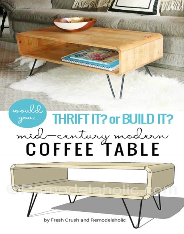 DIY Coffee Tables - Mid Century Modern Coffee Table - Easy Do It Yourself Furniture Ideas for The Living Room Table - Cool Projects for Making a Coffee Table With Crates, Boxes, Stone, Industrial Pipe, Tile, Pallets, Old Doors, Windows and Repurposed Wood Planks - Rustic Farmhouse Home Decor, Modern Decorating Ideas, Simply Shabby Chic and All White Looks for Minimalist Interiors http://diyjoy.com/diy-coffee-table-ideas