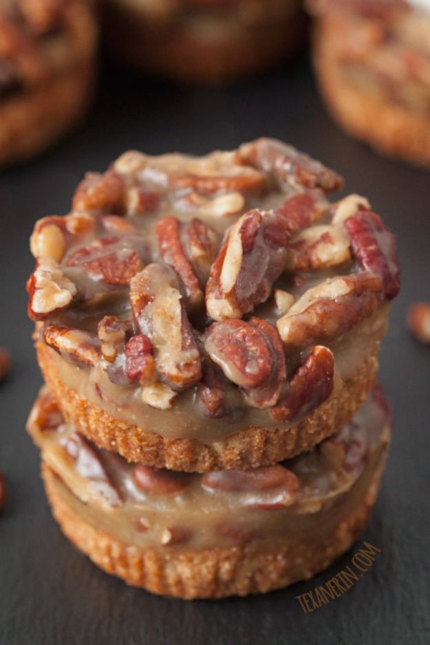 Gluten Free Desserts - Mini Caramel Pecan Tarts - Easy Recipes and Healthy Recipe Ideas for Cookies, Cake, Pie, Cupcakes, Cheesecake and Ice Cream - Best No Sugar Glutenfree Chocolate, No Bake Dessert, Fruit, Peach, Apple and Banana Dishes - Flourless Christmas, Thanksgiving and Holiday Dishes #glutenfree #desserts #recipes