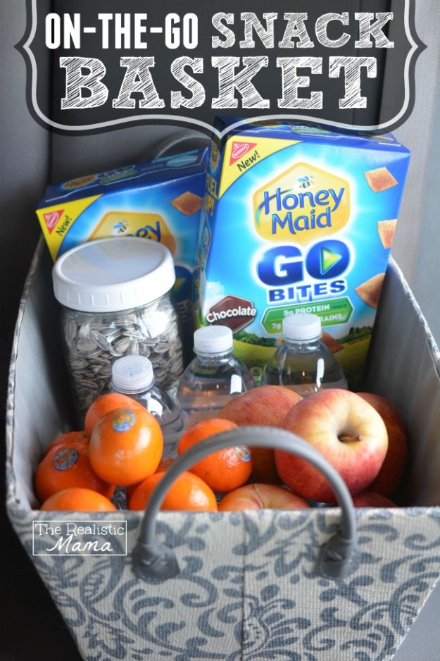 Car Organization Ideas - On The Go Snack Basket - DIY Tips and Tricks for Organizing Cars - Dollar Store Storage Projects for Mom, Kids and Teens - Keep Your Car, Truck or SUV Clean On A Road Trip With These solutions for interiors and Trunk, Front Seat - Do It Yourself Caddy and Easy, Cool Lifehacks #car #diycar #organizingideas