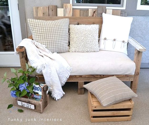 DIY Patio Furniture Ideas - Pallet Wood Sofa - Cheap Do It Yourself Porch and Easy Backyard Furniture, Rocking Chairs, Swings, Benches, Stools and Seating Tutorials - Dining Tables from Pallets, Cinder Blocks and Upcyle Ideas - Sectional Couch Plans With Cushions - Makeover Tips for Existing Furniture #diyideas #outdoors #diy #backyardideas #diyfurniture #patio #diyjoy http://diyjoy.com/diy-patio-furniture-ideas