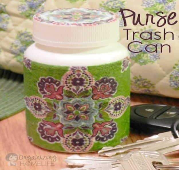 DIY Trash Cans - Purse Trash Can - Easy Do It Yourself Projects to Make Cute, Decorative Trash Cans for Bathroom, Kitchen and Bedroom - Trash Can Makeover, Hidden Kitchen Storage With Pull Out Cabinet - Lids, Liners and Painted Decor Ideas for Updating the Bin #diykitchen #diybath #trashcans #diy #diyideas #diyjoy http://diyjoy.com/diy-trash-cans