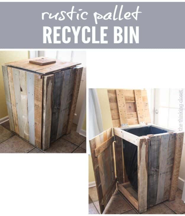 DIY Trash Cans - Recycling Pallets Into A Rustic Recycle Bin - Easy Do It Yourself Projects to Make Cute, Decorative Trash Cans for Bathroom, Kitchen and Bedroom - Trash Can Makeover, Hidden Kitchen Storage With Pull Out Cabinet - Lids, Liners and Painted Decor Ideas for Updating the Bin #diykitchen #diybath #trashcans #diy #diyideas #diyjoy http://diyjoy.com/diy-trash-cans