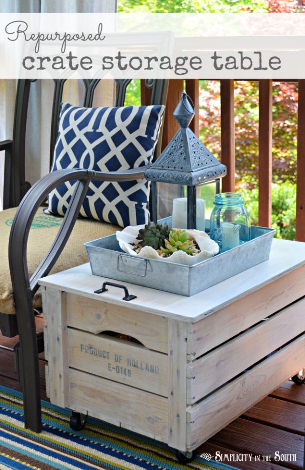 DIY Patio Furniture Ideas - Repurposed Wooden Shipping Crate Table - Cheap Do It Yourself Porch and Easy Backyard Furniture, Rocking Chairs, Swings, Benches, Stools and Seating Tutorials - Dining Tables from Pallets, Cinder Blocks and Upcyle Ideas - Sectional Couch Plans With Cushions - Makeover Tips for Existing Furniture #diyideas #outdoors #diy #backyardideas #diyfurniture #patio #diyjoy http://diyjoy.com/diy-patio-furniture-ideas
