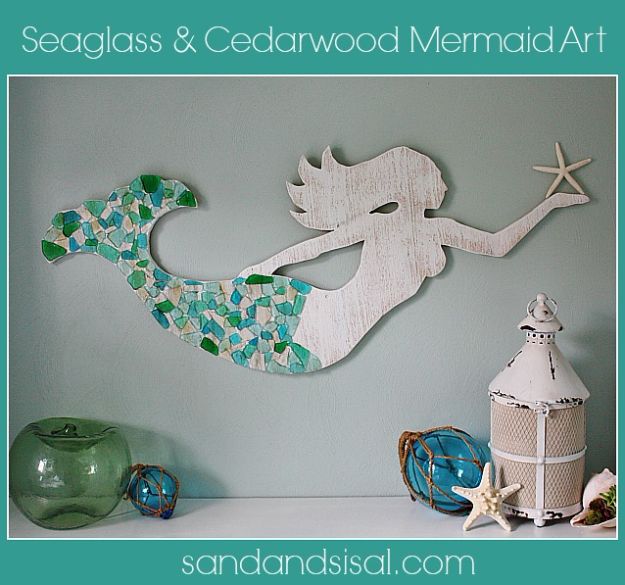 DIY Beach House Decor - Seaglass And Cedar Mermaid Art - Cool DIY Decor Ideas While On A Budget - Cool Ideas for Decorating Your Beach Home With Shells, Sand and Summer Wall Art - Crafts and Do It Yourself Projects With A Breezy, Blue, Summery Feel - White Decor and Shiplap, Birchwood Boats, Beachy Sea Glass Art Projects for Living Room, Bedroom and Kitchen 