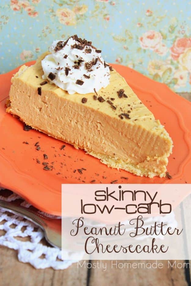 Low Sugar Dessert Recipes - Skinny Low Carb Peanut Butter Cheesecake - Healthy Desserts and Ideas for Healthy Sweets Without Much Sugar - Raw Foods and Easy Clean Eating Dessert Tips, Keto Diet Snacks - Chocolate, Gluten Free, Cakes, Fruit Dips, No Bake, Stevia and Sweetener Options - Diabetic Diets and Diabetes Recipe Ideas for Desserts #recipes #recipeideas #lowsugar #nosugar #lowcalorie #diyjoy #dessertrecipes #lowsugar #dietrecipes