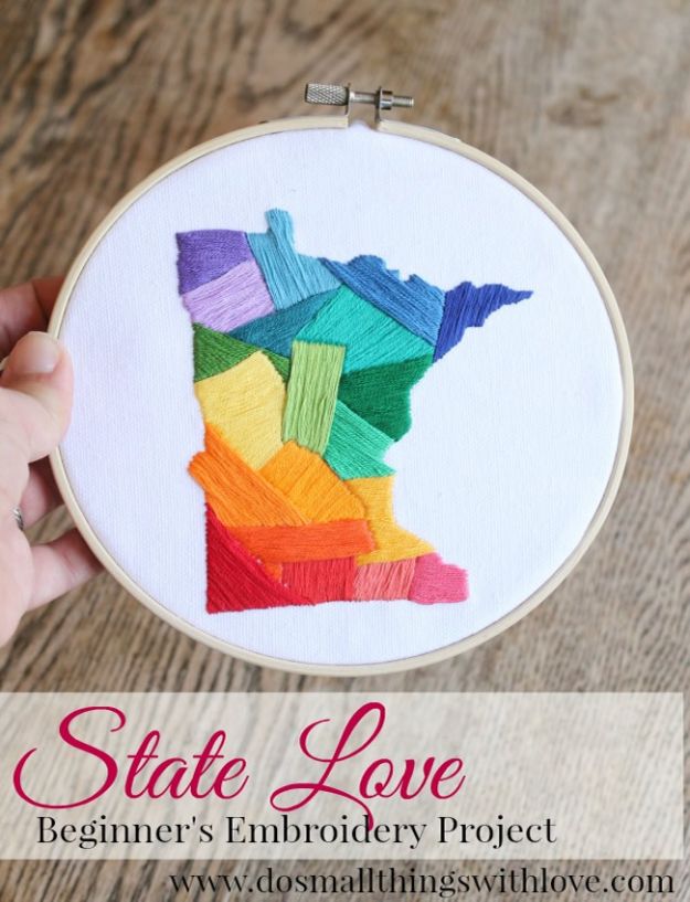 Cool State Crafts - State Love Embroidery - Easy Craft Projects To Show Your Love For Your Home State - Best DIY Ideas Using Maps, String Art Shaped Like States, Quotes, Sayings and Wall Art Ideas, Painted Canvases, Cute Pillows, Fun Gifts and DIY Decor Made Simple - Creative Decorating Ideas for Living Room, Kitchen, Bedroom, Bath and Porch http://diyjoy.com/cool-state-crafts