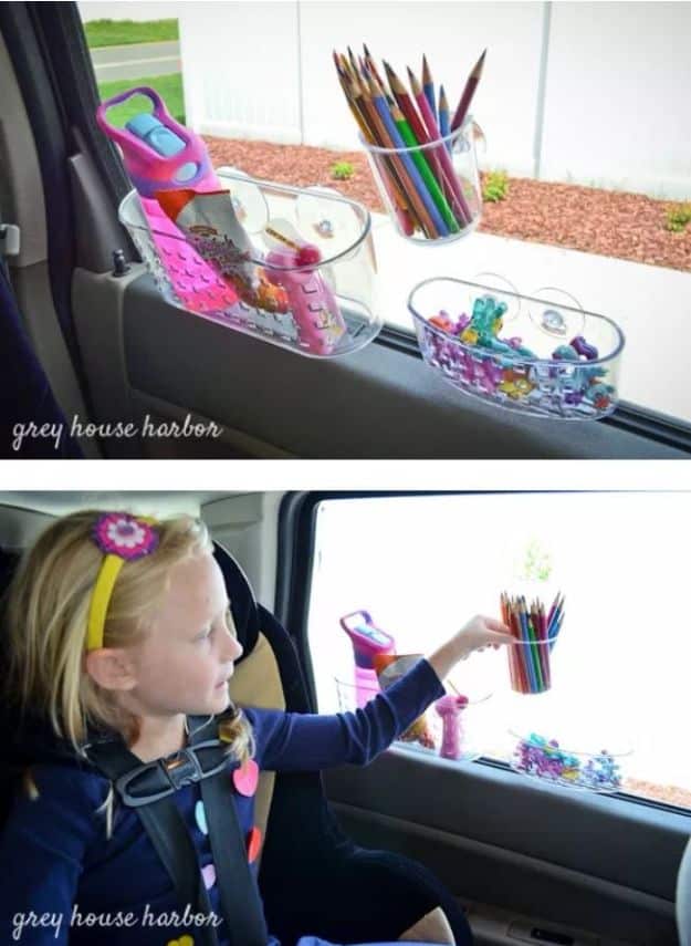 Car Organization Ideas - Suction Cup Window Organizers - DIY Tips and Tricks for Organizing Cars - Dollar Store Storage Projects for Mom, Kids and Teens - Keep Your Car, Truck or SUV Clean On A Road Trip With These solutions for interiors and Trunk, Front Seat - Do It Yourself Caddy and Easy, Cool Lifehacks #car #diycar #organizingideas