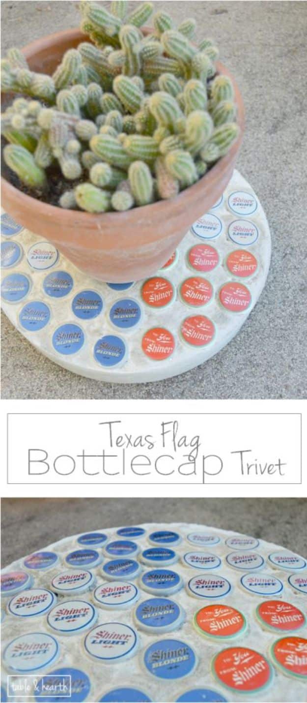 DIY Ideas For Everyone Who Loves Texas - Texas Flag Bottlecap Trivet - Cute Lone Star State Crafts In The Shape of Texas - Best Texan Quotes, Sayings and Signs for Your Porch and Home - Easy Texas Themed Decorating Ideas - Country Crafts, Rustic Home Decor, String Art and Map Projects Shaped Like Texas - Decor for Living Room, Bedroom, Bathroom, Kitchen and Yard http://diyjoy.com/diy-ideas-Texas