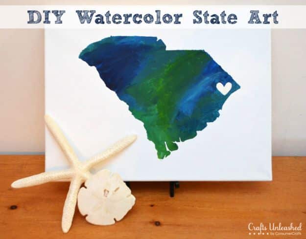 Cool State Crafts - Watercolor State Canvas Art - Easy Craft Projects To Show Your Love For Your Home State - Best DIY Ideas Using Maps, String Art Shaped Like States, Quotes, Sayings and Wall Art Ideas, Painted Canvases, Cute Pillows, Fun Gifts and DIY Decor Made Simple - Creative Decorating Ideas for Living Room, Kitchen, Bedroom, Bath and Porch http://diyjoy.com/cool-state-crafts