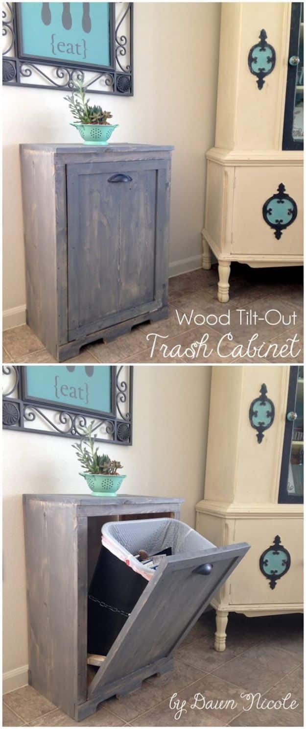 DIY Trash Cans - Wood Tilt Out Trash Can Cabinet - Easy Do It Yourself Projects to Make Cute, Decorative Trash Cans for Bathroom, Kitchen and Bedroom - Trash Can Makeover, Hidden Kitchen Storage With Pull Out Cabinet - Lids, Liners and Painted Decor Ideas for Updating the Bin #diykitchen #diybath #trashcans #diy #diyideas #diyjoy http://diyjoy.com/diy-trash-cans