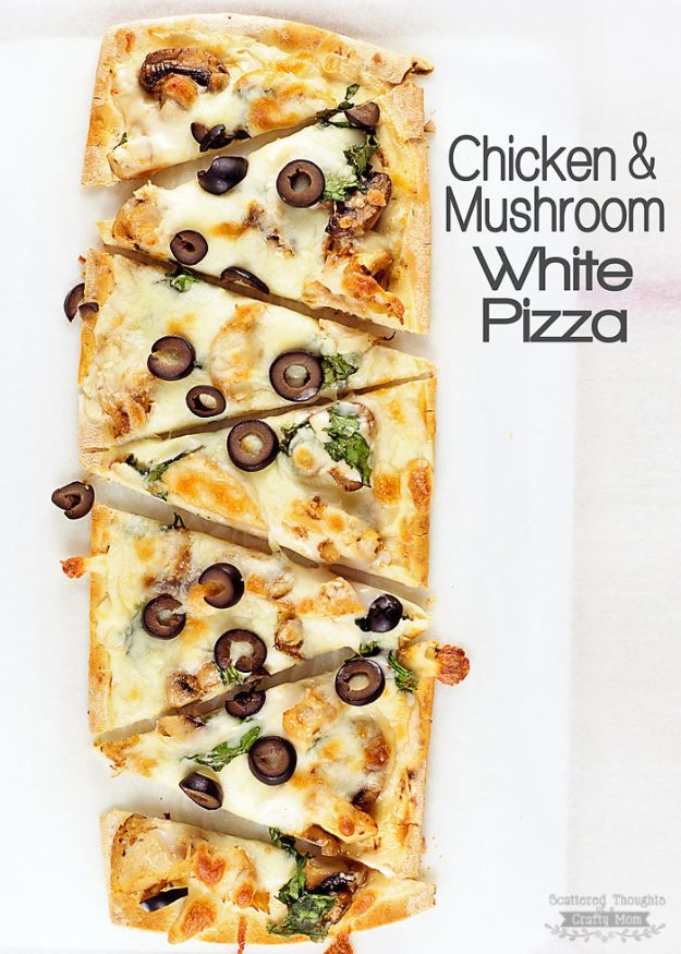 Easy Recipes For Rotisserie Chicken - Chicken and Mushroom White Pizza - Healthy Recipe Ideas for Leftovers - Comfort Foods With Chicken - Low Carb and Gluten Free, Crock Pot Meals,#easyrecipes #dinnerideas #recipes