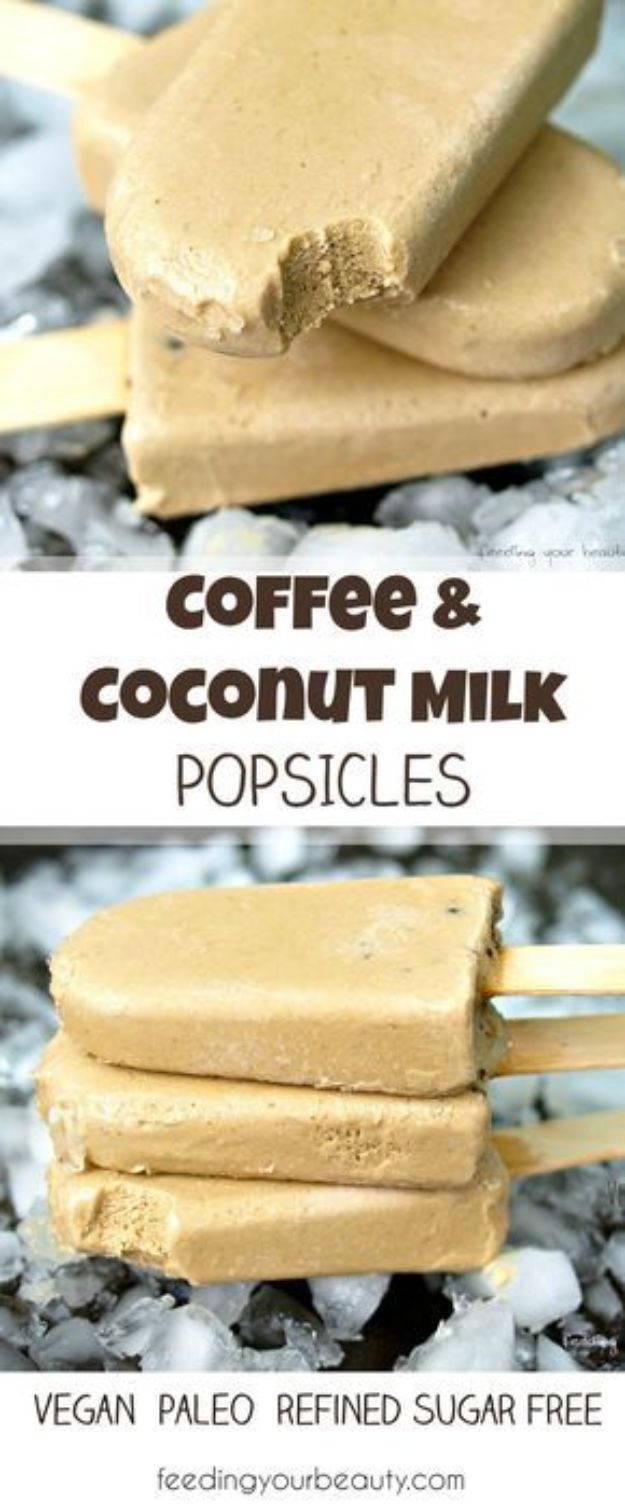 Coffee Drink Recipes - Coffee and Coconut Milk Popsicles - Easy Drinks and Coffees To Make At Home - Frozen, Iced, Cold Brew and Hot Coffee Recipe Ideas - Sugar Free, Low Fat and Blended Drinks - Mocha, Frappucino, Caramel, Chocolate, Latte and Americano - Flavored Coffee, Liqueur and After Dinner Drinks With Alcohol, Dessert Ideas for Parties #coffeedrinks #coffeerecipes #coffee #drinkrecipes