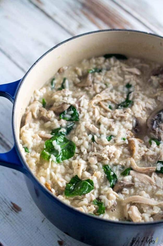 Easy Recipes For Rotisserie Chicken - Creamy Risotto Chicken Spinach - Healthy Recipe Ideas for Leftovers - Comfort Foods With Chicken - Low Carb and Gluten Free, Crock Pot Meals,#easyrecipes #dinnerideas #recipes