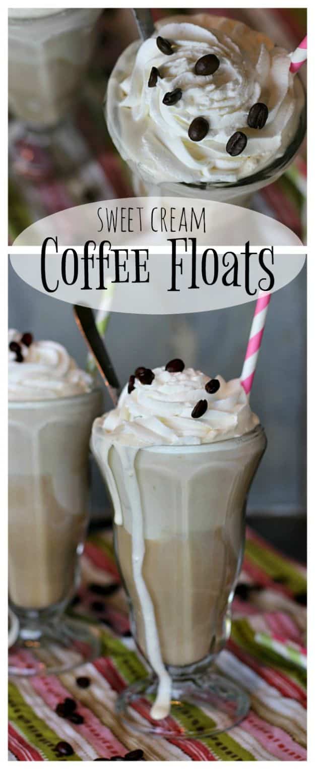 Coffee Drink Recipes - Sweet Cream Coffee Floats - Easy Drinks and Coffees To Make At Home - Frozen, Iced, Cold Brew and Hot Coffee Recipe Ideas - Sugar Free, Low Fat and Blended Drinks - Mocha, Frappucino, Caramel, Chocolate, Latte and Americano - Flavored Coffee, Liqueur and After Dinner Drinks With Alcohol, Dessert Ideas for Parties #coffeedrinks #coffeerecipes #coffee #drinkrecipes