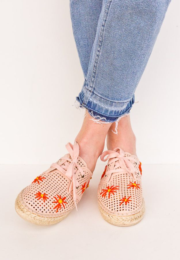 DIY Fashion for Spring - Embroidered Shoes - Easy Homemade Clothing Tutorials and Things To Make To Wear - Cute Patterns and Projects for Women to Make, T-Shirts, Skirts, Dresses, Shorts and Ideas for Jeans and Pants - Tops, Tanks and Tees With Free Tutorial Ideas and Instructions http://diyjoy.com/fashion-for-spring