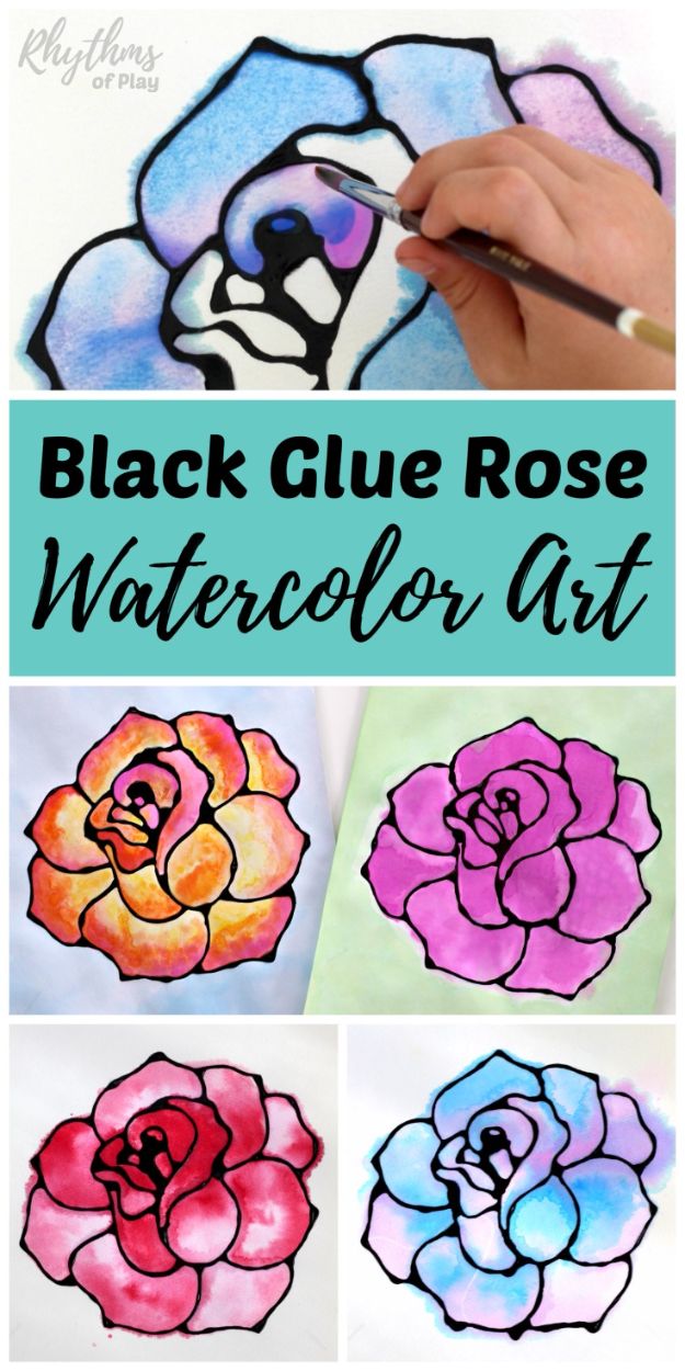 How To Paint Flowers - Black Glue Rose Watercolor Resist Art Project - Step by Step Tutorials for Painting Roses, Daisies, Whimsical and Abstract Floral Techniques - Easy Acrylic Flower Tutorial for Beginners - Paint on Wood, Canvas, On Wasll, Rocks, Fabric and Paper - Step by Step Instructions and How To #painting #diy 