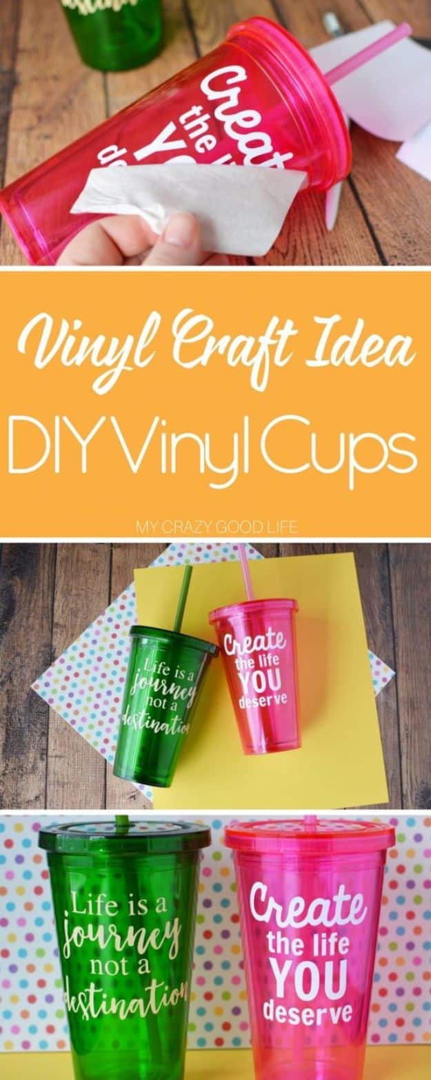 Crafts To Make and Sell - DIY Vinyl Cups - 75 MORE Easy DIY Ideas for Cheap Things To Sell on Etsy, Online and for Craft Fairs. Make Money with crafts to sell ideas #crafts