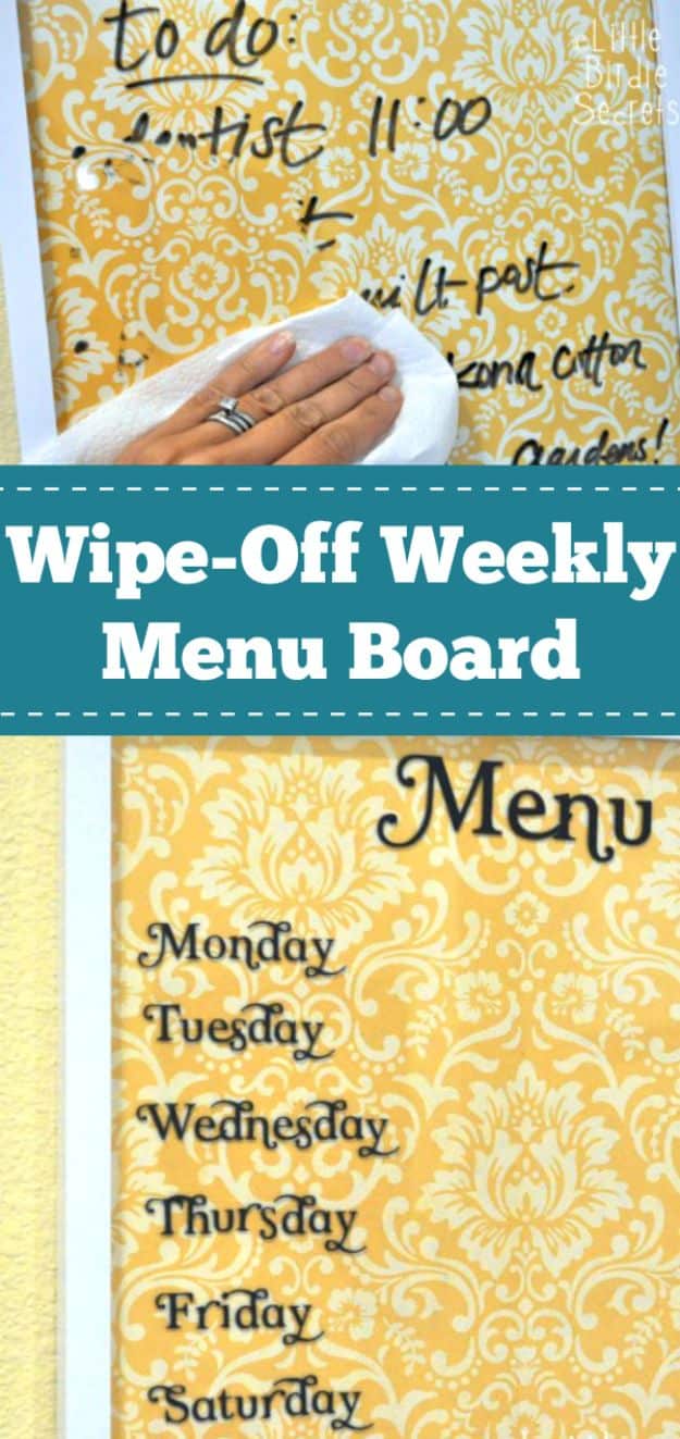 Crafts To Make and Sell - Easy Wipe Off Weekly Menu Board - 75 MORE Easy DIY Ideas for Cheap Things To Sell on Etsy, Online and for Craft Fairs. Make Money with crafts to sell ideas #crafts