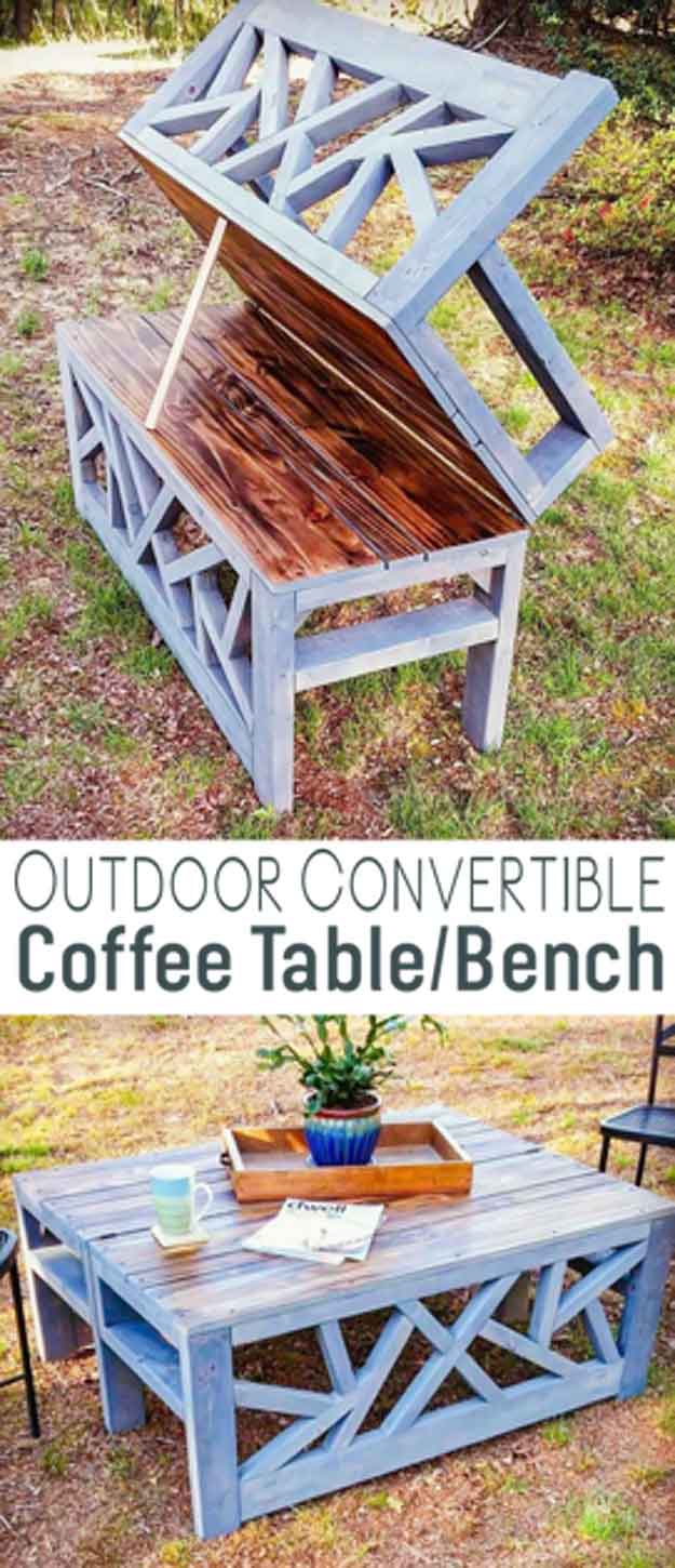 DIY Coffee Tables - Outdoor Convertible Bench Coffee Table - Easy Do It Yourself Furniture Ideas for The Living Room Table - Cool Projects for Making a Coffee Table With Crates, Boxes, Stone, Industrial Pipe, Tile, Pallets, Old Doors, Windows and Repurposed Wood Planks - Rustic Farmhouse Home Decor, Modern Decorating Ideas, Simply Shabby Chic and All White Looks for Minimalist Interiors http://diyjoy.com/diy-coffee-table-ideas