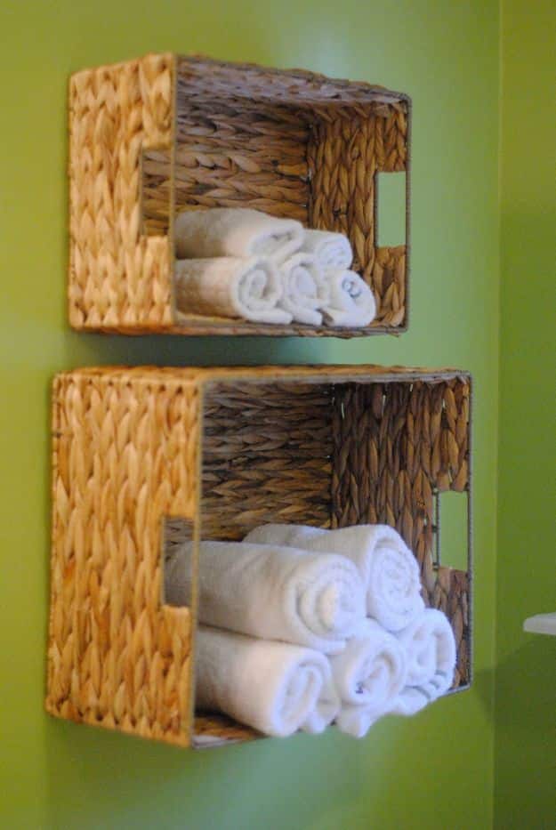 Dollar Store Organizing Ideas - Bathroom Towel Storage - Easy Organization Projects from Dollar Tree and Dollar Stores - Quick Closet Makeovers, Pantry Storage, Shoe Box Projects, Tension Rods, Car and Household Cleaning - Hacks and Tips for Organizing on a Budget - Cheap Idea for Reducing Clutter around the House, in the Kitchen and Bedroom http://diyjoy.com/dollar-store-organizing-ideas