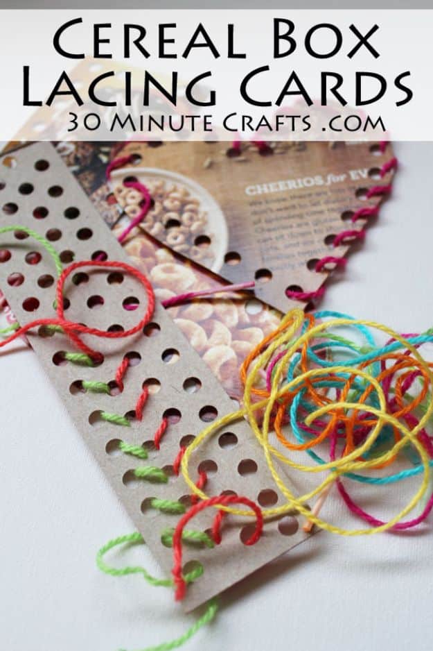 Cool DIY Ideas With Cereal Boxes - Cereal Box Lacing Cards - Easy Organizing Ideas, Cute Kids Crafts and Creative Ways to Make Things Out of A Cereal Box - Cheap Gifts, DIY School Supplies and Storage Ideas http://diyjoy.com/diy-ideas-cereal-boxes