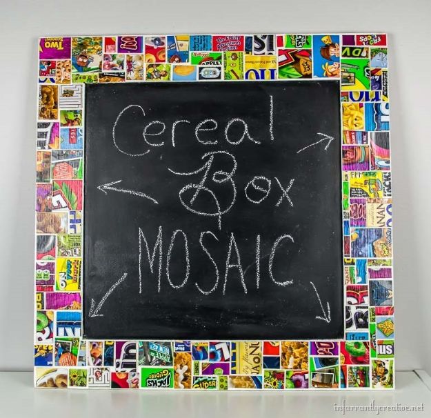 Cool DIY Ideas With Cereal Boxes - Cereal Box Mosaic Frame - Easy Organizing Ideas, Cute Kids Crafts and Creative Ways to Make Things Out of A Cereal Box - Cheap Gifts, DIY School Supplies and Storage Ideas http://diyjoy.com/diy-ideas-cereal-boxes