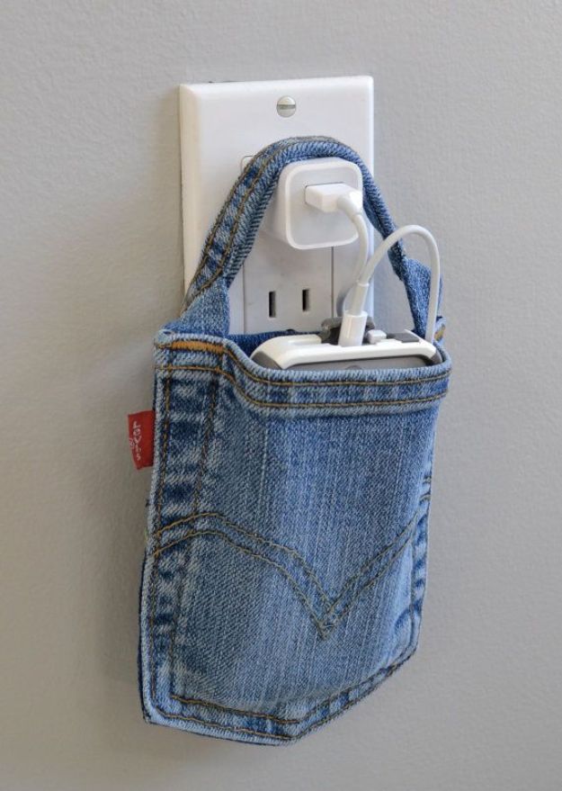 Blue Jean Upcycles - Charging Station - Ways to Make Old Denim Jeans Into DIY Home Decor, Handmade Gifts and Creative Fashion - Transform Old Blue Jeans into Pillows, Rugs, Kitchen and Living Room Decor, Easy Sewing Projects for Beginners #sewing #diy #crafts #upcycle